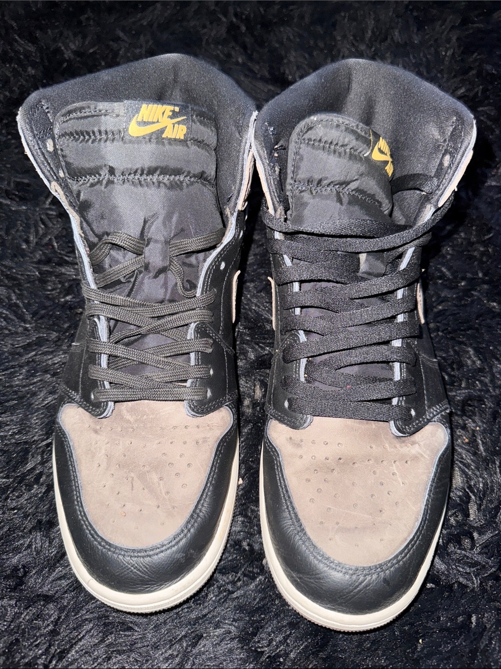 Jordan High-Top Sneakers in Black and Tan with Yellow Logo